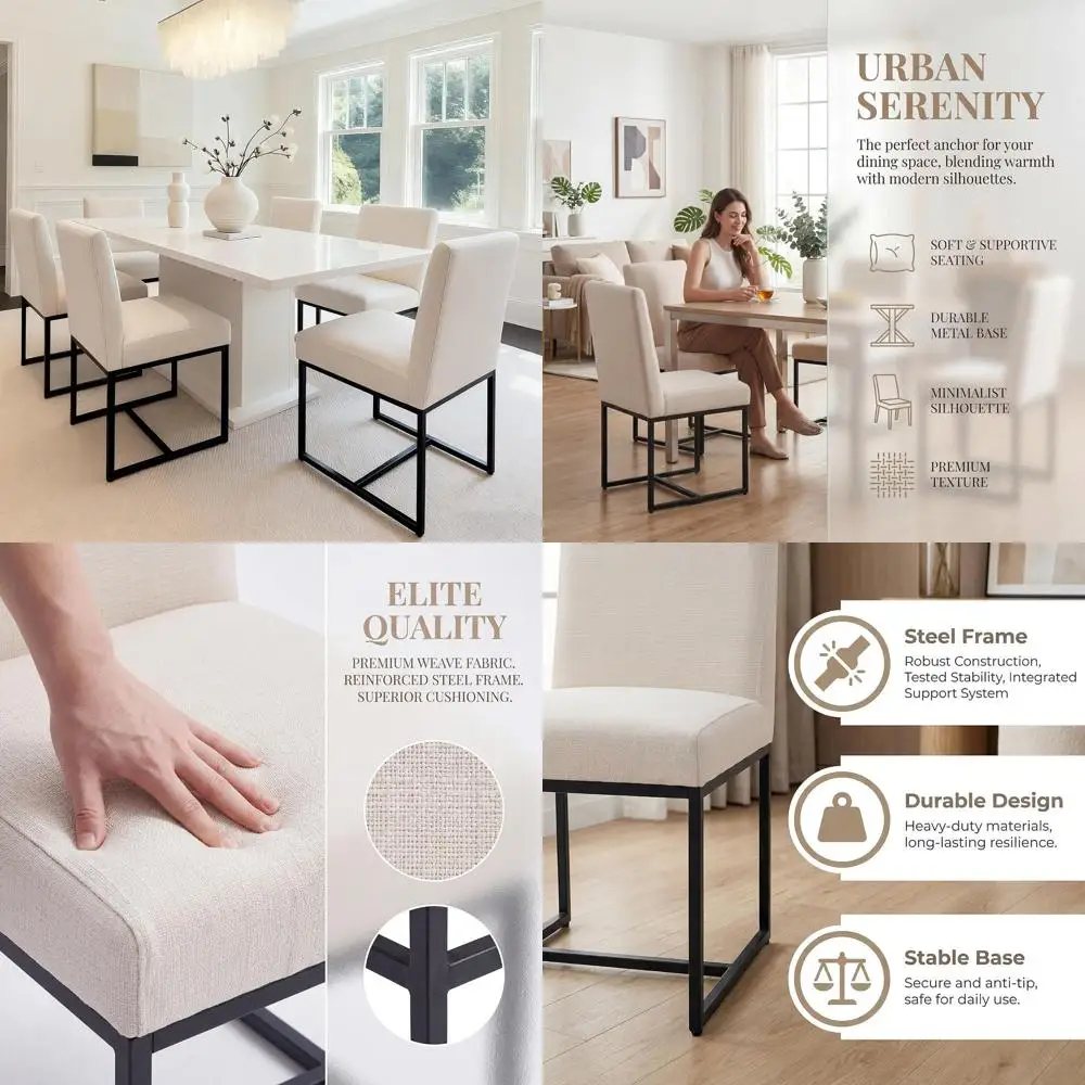 

Century ern Dining Chairs Set o 6, Linen abric Kitchen & Dining Room Chair, Upholstered Dining Chair Side Chair with Black inish