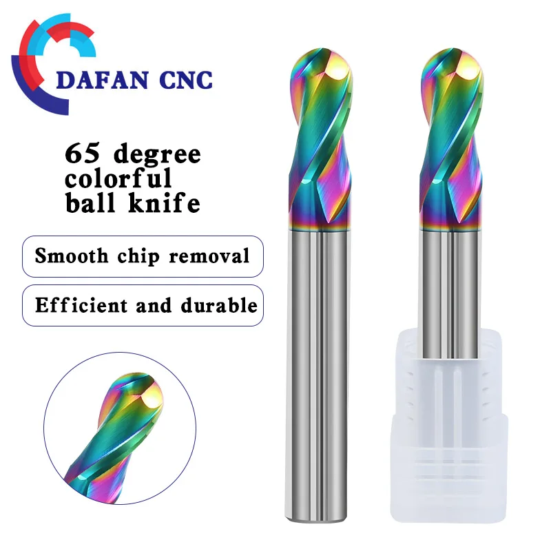65° Extended Length Ball Nose End Mill - Rainbow Alloy Coated 2-Flute CNC Spherical Milling Cutter