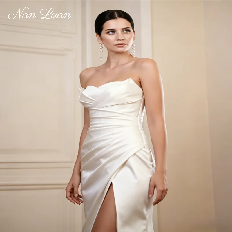 

2026 Strapless Sweetheart Satin Mermaid Wedding Dress High Slit Bridal Gown Vestidos de Novia Customized
