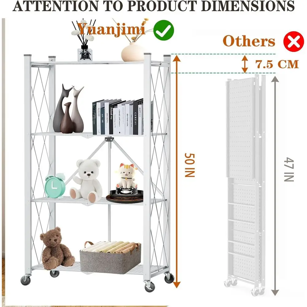 Collapsible 4-Tier Steel Utility Shelf with Wheels, Holds 600lbs, Rolling Storage Rack for Home and Office, White