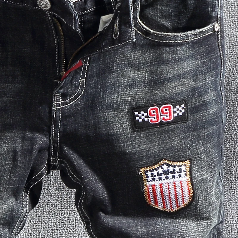 Street Fashion Men Jeans Retro Black Blue Stretch Slim Fit Ripped Jeans Men Patches Designer Hip Hop Vintage Denim Pants Hombre