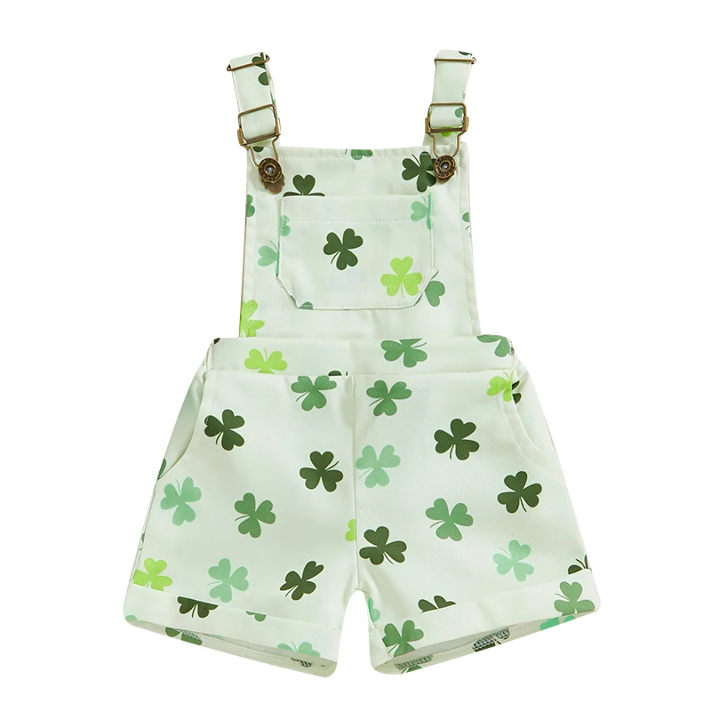 Baby Boys Girls Overalls Sleeveless Square Neck Shamrock Print Suspender Shorts Toddler Romper