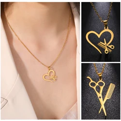 Unift Comb Scissor Necklace with Heart Stainless Steel Neck Chain Barber Shop Hairstylist Hairdresser Pride Jewelry Wholesale