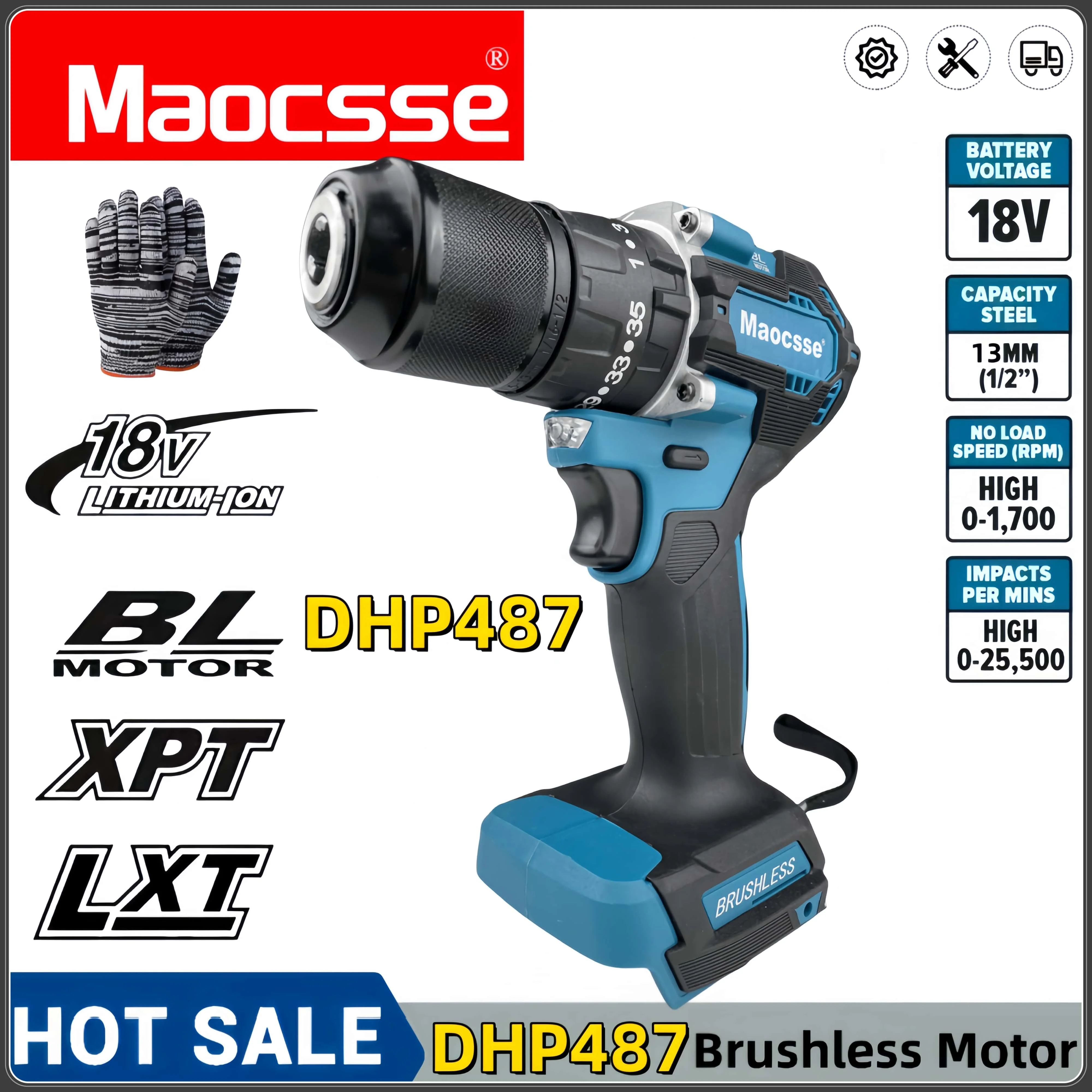 

DHP487 13mm Cordless Hammer DriverDrill Brushless Motor Impact Electric Screwdriver Variable Speed Power Tool for Makita battery