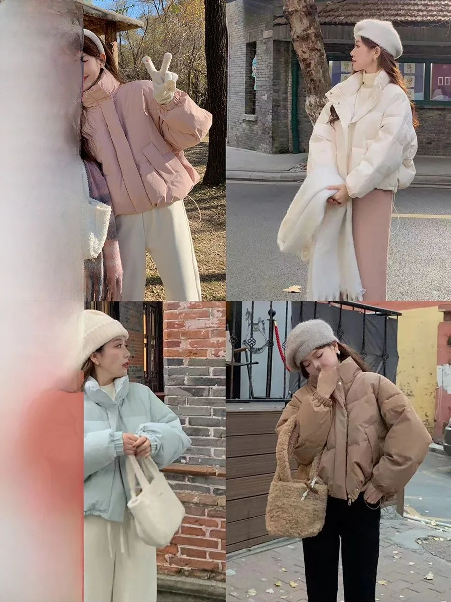 

Puffy White Du down Jaet Women's Loose Warm Thiened Stand Collar ort Bread Sle Coat Casual Sle Polyester Fiber