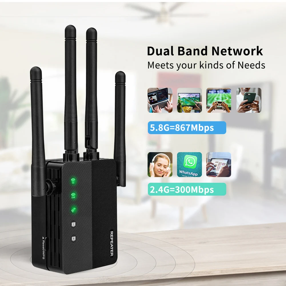 2.4G 5.8G WiFi Extender Long Range Wireless WIFI Booster Adapter 1200Mbps Wi-Fi Amplifier Signal Repeator 4 External Antennas