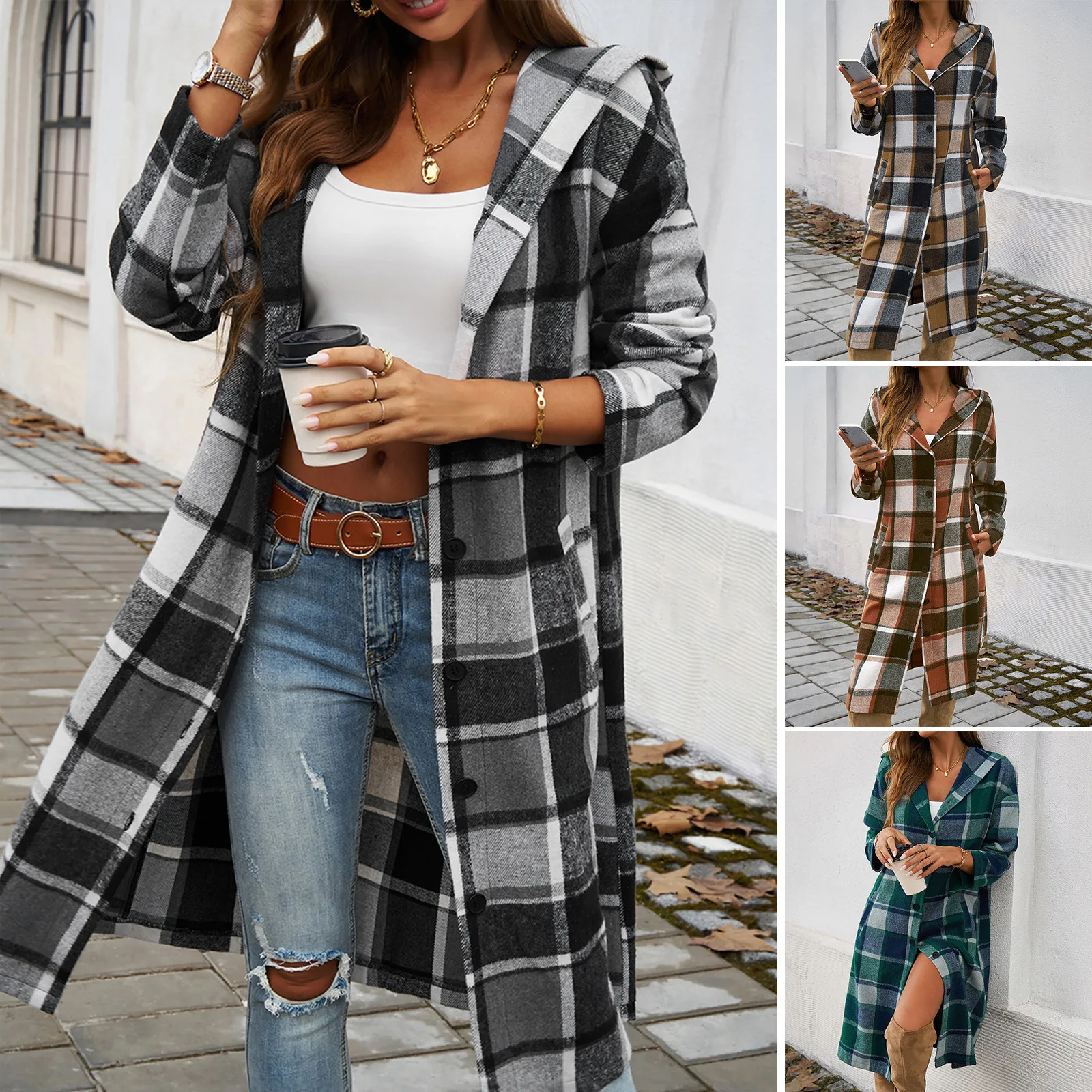 Women's Casual Long Jackets Loose Plaid Print Contrast Color Hooded Trench Coat Long Sleeve Plaid Single Button Woolen Overcoat