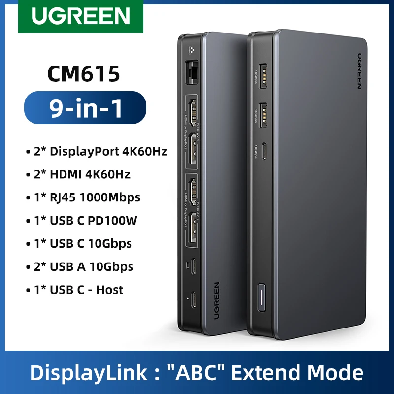 UGREEN USB C 도킹 스테이션, 9 인 1 USB 분배기, HDMI DP 디스플레이 링크 트리플 디스플레이, RJ45 PD100W, macOS Windows 10Gbps, 4K 60Hz