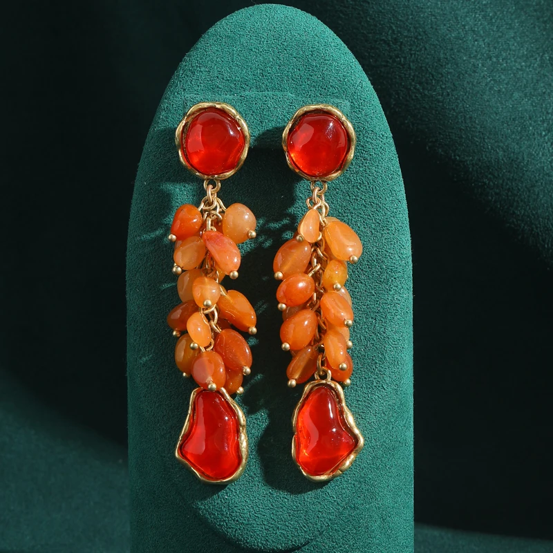 

Antique Red Shape Natural Stone Big Drop Earrings Gold Color Drop Exaggerate Vintage Jewelry for Women Luxury New Arrival 2025