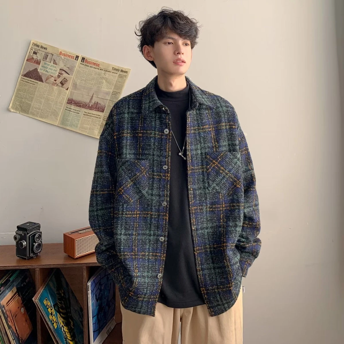 

Retro Japanese Sle Men's Plaid irt Long Sve Woolen Casual Outerwear Spring Autumn ex Faionable Couple's Coat