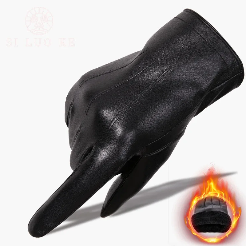 

Male Goatskin Gloves Touch Screen Autumn Winter Warm Plush Lining Thickened Riding Driving Windproof Genuine Leather Gloves