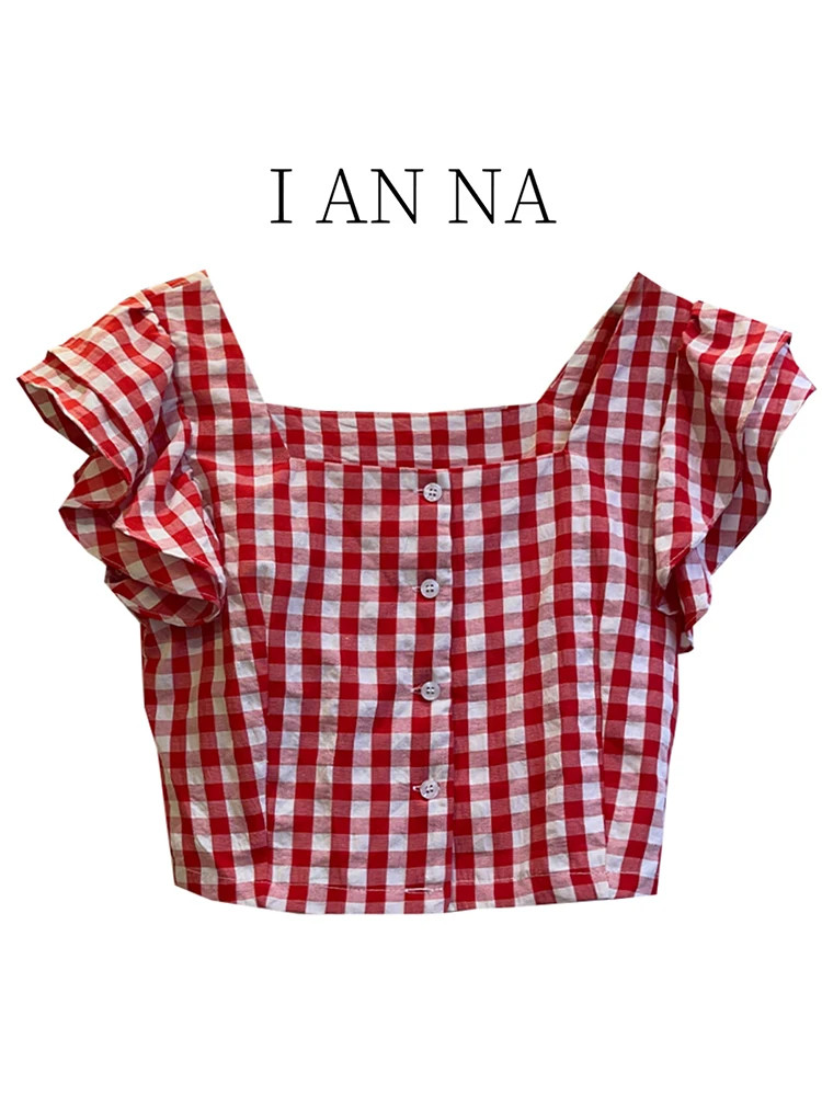 

Retro Red Plaid Square Collar Short Sleeve Shirt Women's Summer Short Style Slimming Shirt Elegant Fashionable Top