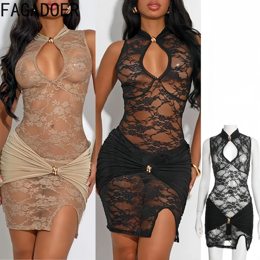 FAGADOER Sexy dentelle voir à travers combinaisons moulantes pour femme évider sans manches fente barboteuses femme Streetwear salopette nouveau