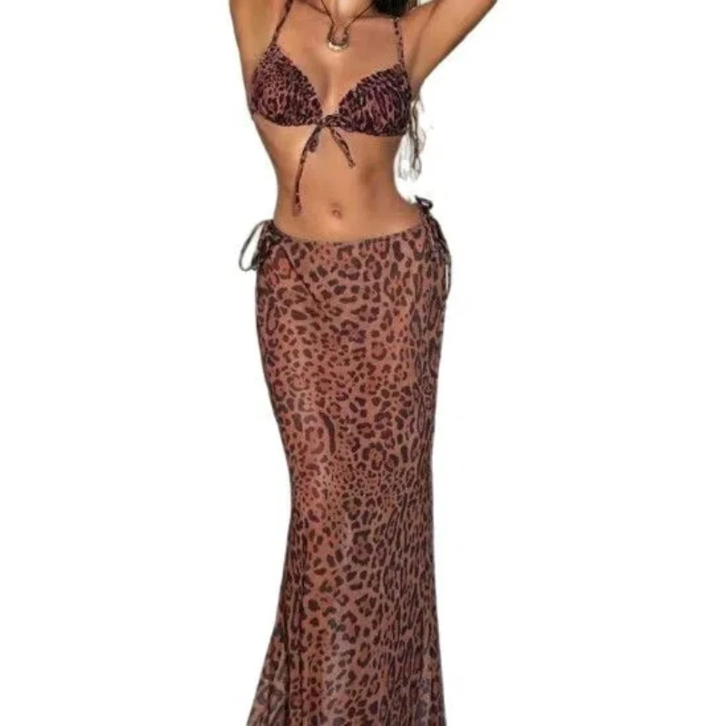 New Women's 3-Piece Leopard Print Swimsuit Set Summer Straps Bandage Bikini Sets Sexy Bodycon Long Comfortable High Rise Skirts