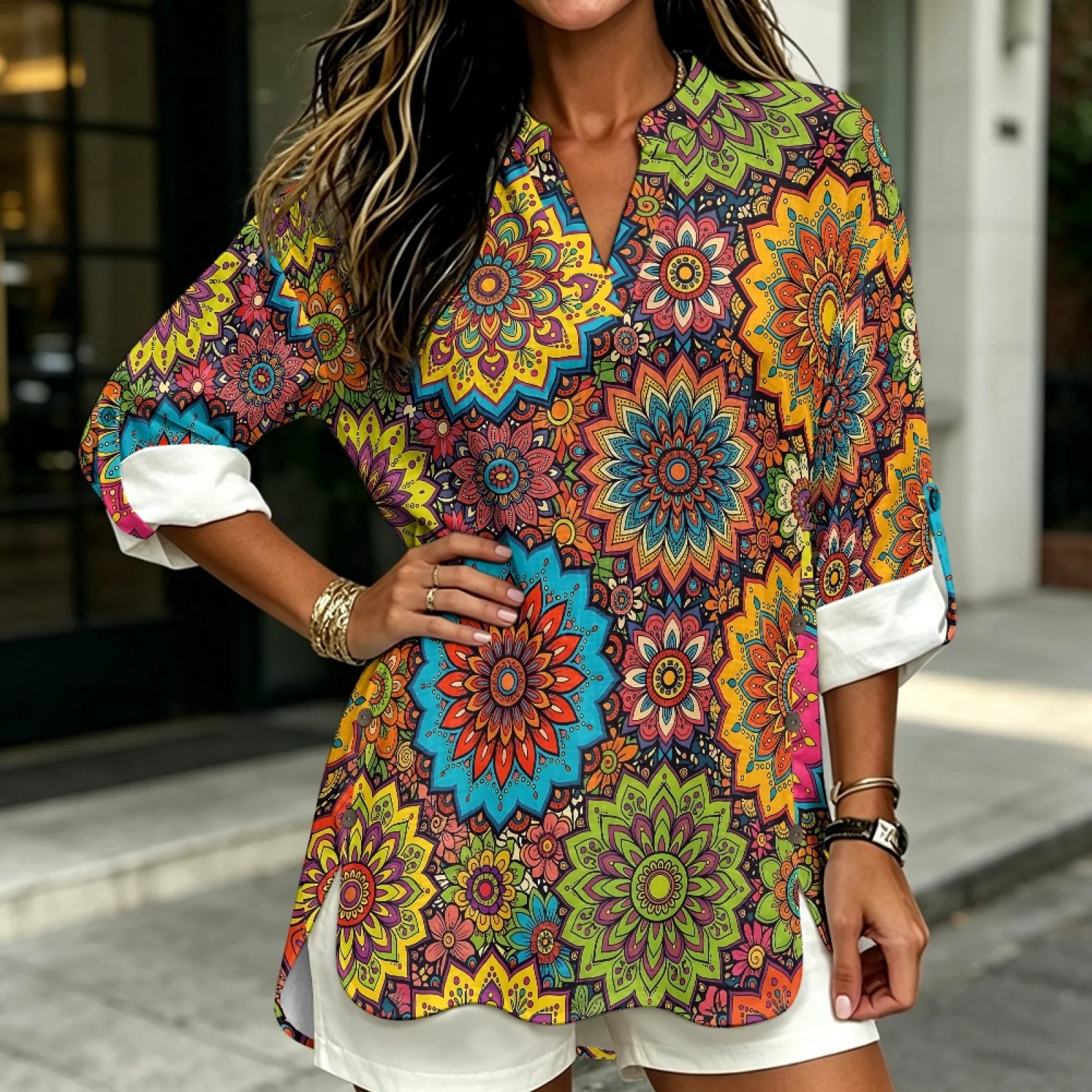 PENSTROLL Colorful Mandala Linen Like V Neck Shirts Trendy Tunic Shirts for Ladies Sizes S-5XL