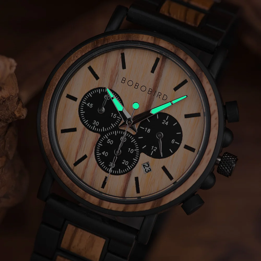 BOBO BIRD Quartz Watch For Men Luxury Man Watches Wood Stopwatch Date Display Chronograph Wristwatches relogio masculino Custom