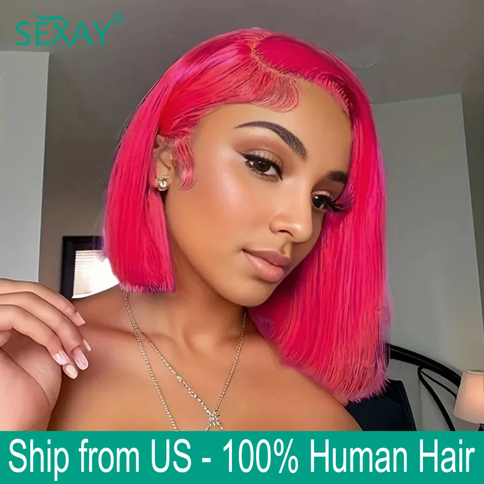 

Hot Pink Lace Front Bob Human Hair Wigs Ship from US 8-14 Inch 13x4 Transparent Lace Frontal Wigs 180% Pink Color Short Bob Wigs