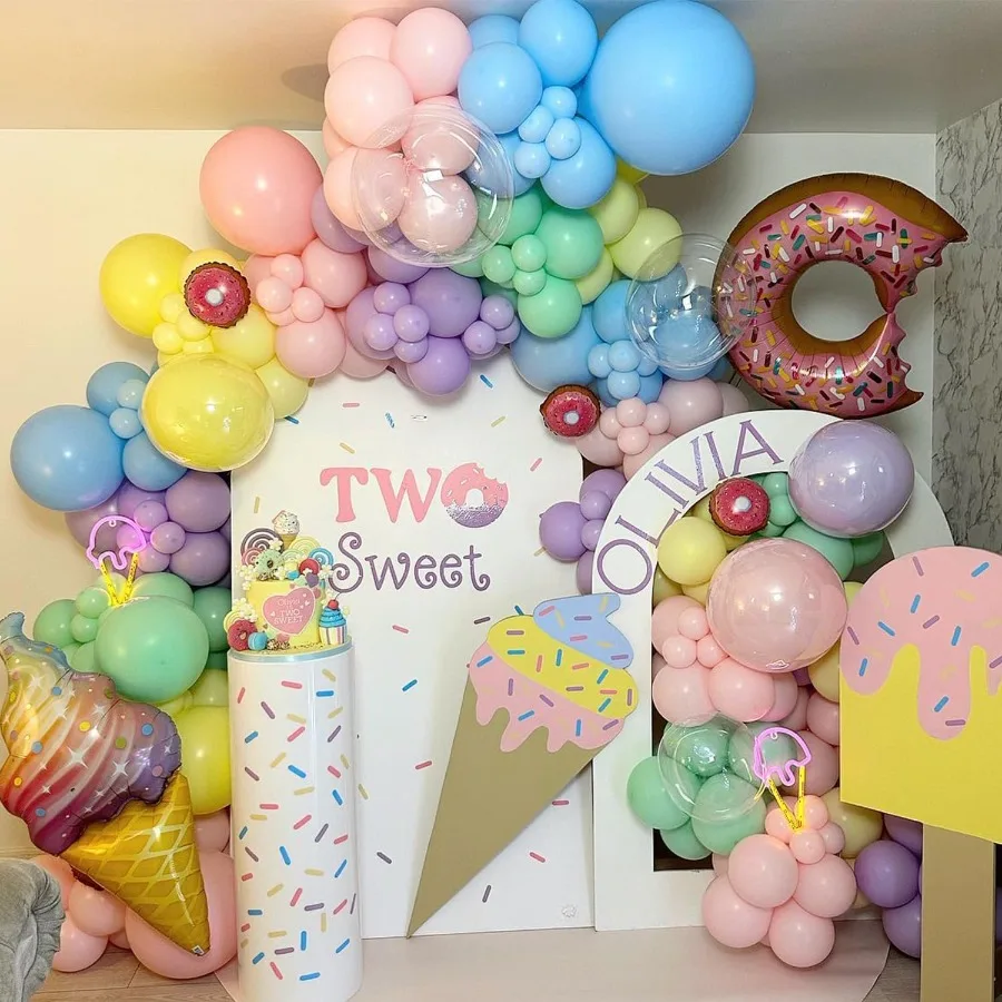 파스텔 도넛 풍선 아치 가랜드 키트 159개 마카롱 색상 무지개 풍선 아이스크림 호일 풍선 소녀들을 위한 도넛 성장 기념 파티