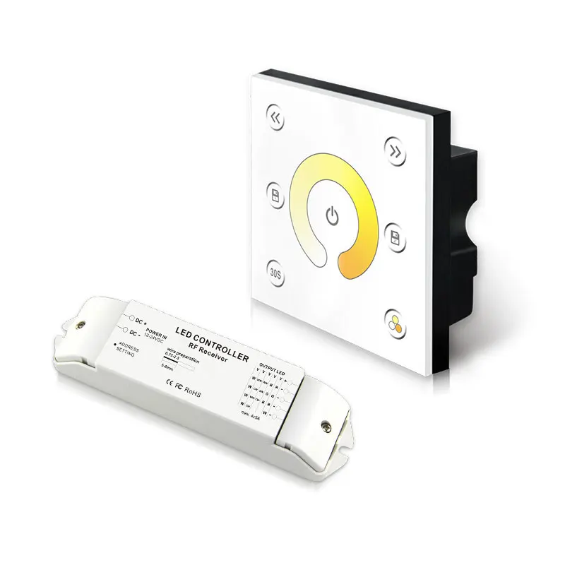 

Wireless Single-Zone CV CCT Panel P2X+R4-2.4G RGB/RGBW panel controller with the 10 built-in changing modes 4096 grey scales