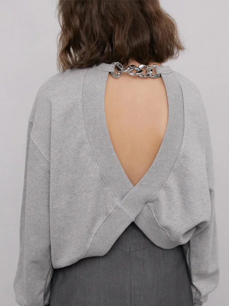 Round Neck Sexy Grey Chain Loose Gray Backless Sports Long-sleeved T-shirt Mujer Women's Top Spring and Autumn 2021 New Fashion