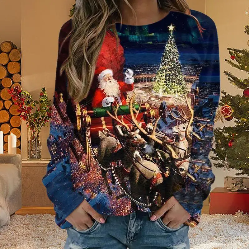 Womens Christmas Sweatshirt Pullover Casual Loose Long Sleeve Tops Funny Snowman Graphic Sweatshirt Comfortable Holiday T-Shirt