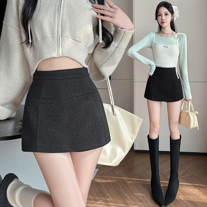 

Шерстяная короткая юбка-брюки для женщин осенью и зимой, антибликовая, с завышенной талией, облегающая юбка А-силуэта для похудения и бедер.