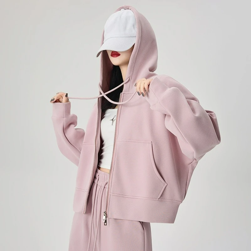 2025 Autumn and Winter Versatile Top Pink Loose Slimming Zipper Hooded Sweatshirt for Women