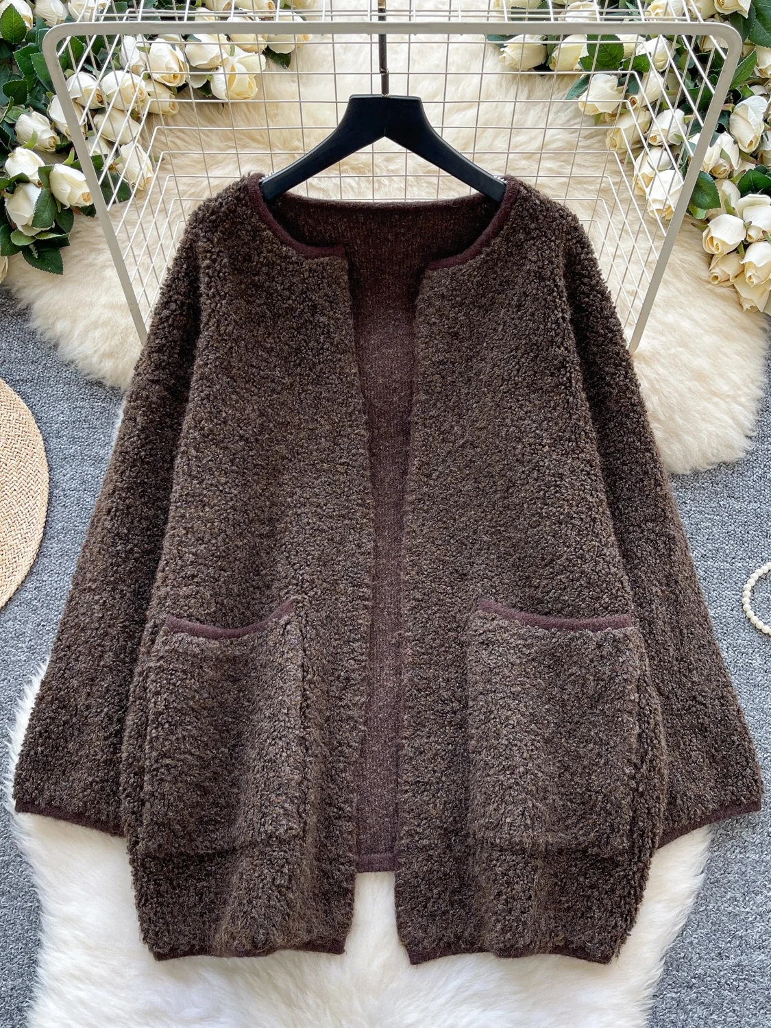 

Ladies Thiened Lamb Fur Sweater Coat Open Cardigan Lazy Sle Autumn Winter Faionable Versatile One-Piece Upper Body Kore...