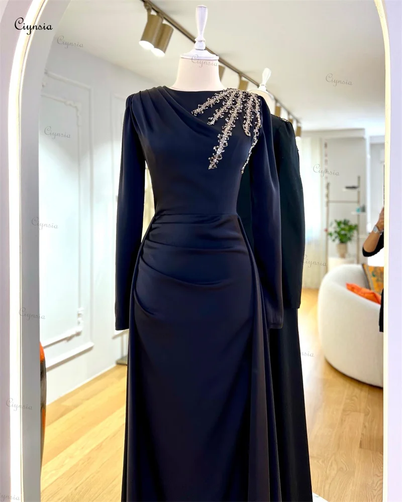 Ciynsia Elegant Muslim Formal Occasion Dresses for Women Champagne Satin Beaded Long Sleeve Evening Gown Mermaid Robes De Soirée