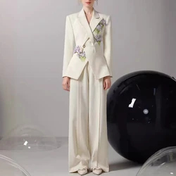 office formal Elegant Heavy Embroidered 3D Floral beadings blazer Set New Autumn Fitted Blazer with Straight-leg Trousers