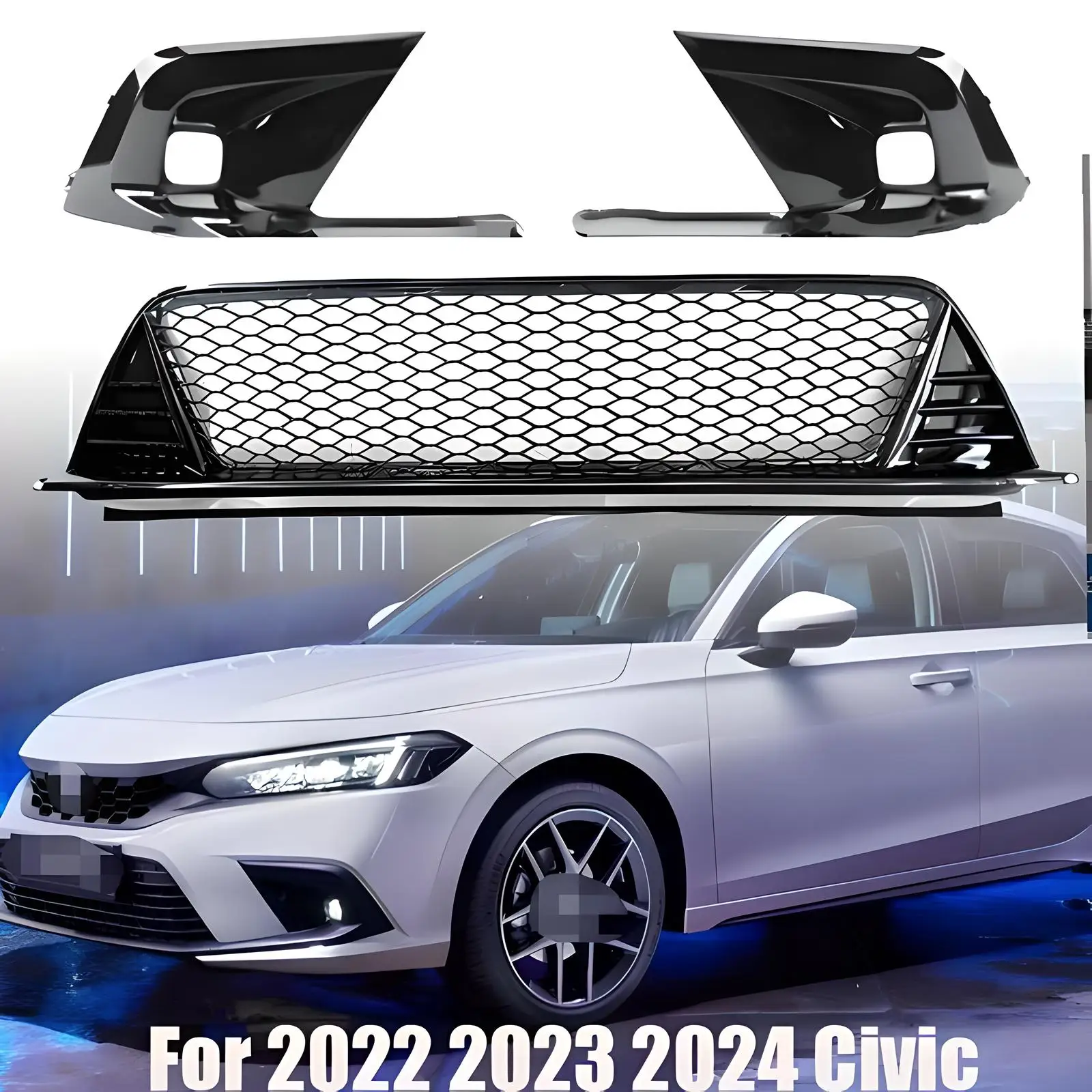 

Bumper Lower Grille For Honda Civic 2022 2023 2024 Front Bumper Lower Grille + Fog Lamp Bezel Cover Trim Auto Accessories