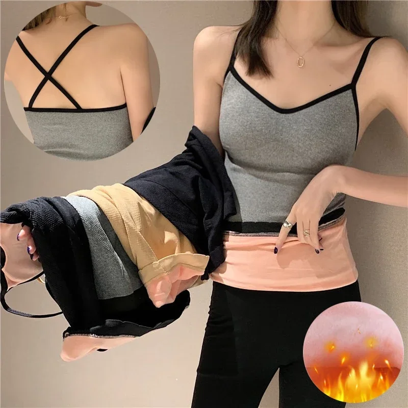 

Roupa Thermal Camisole Térmica With Vest New Women’s Vest Underwear Sling Solid Warm Slim Pad Winter Female Chest Velvet Simple