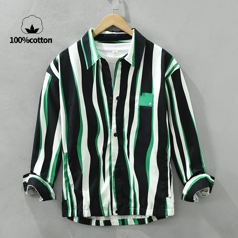 100% Cotton High-quality Striped Men's Long Sleeve Shirt, Breathable, Moisture-wicking Loose Lightweight Jacket.