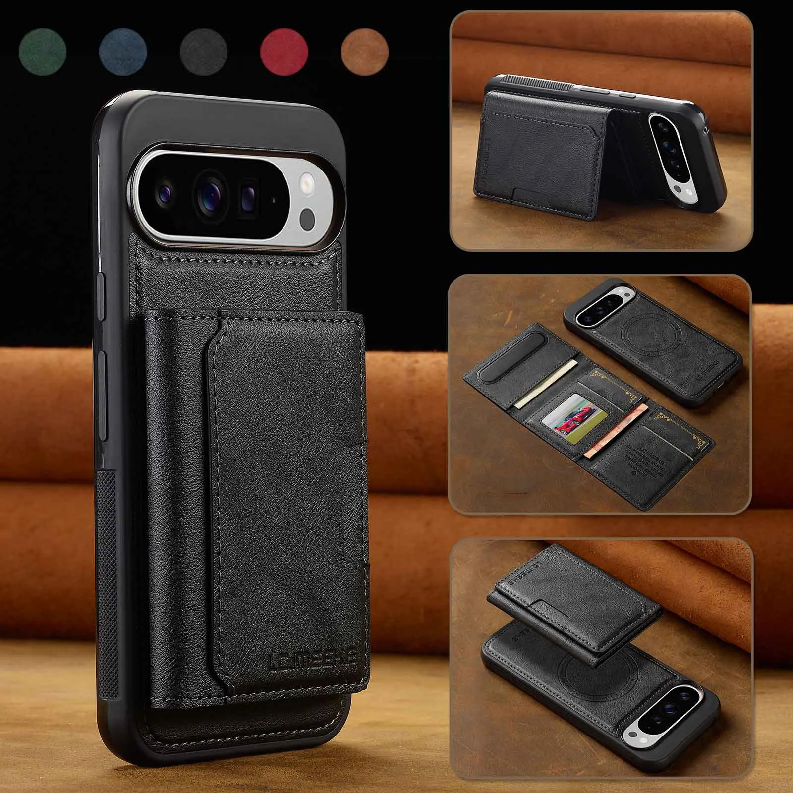 Ledertasche für Google Pixel 10 Pro XL 9 Pro 9A 8, 8A, 7, 7A, starkes magnetisches kabelloses Laden, abnehmbarer Kartenhalter, Brieftaschenschale