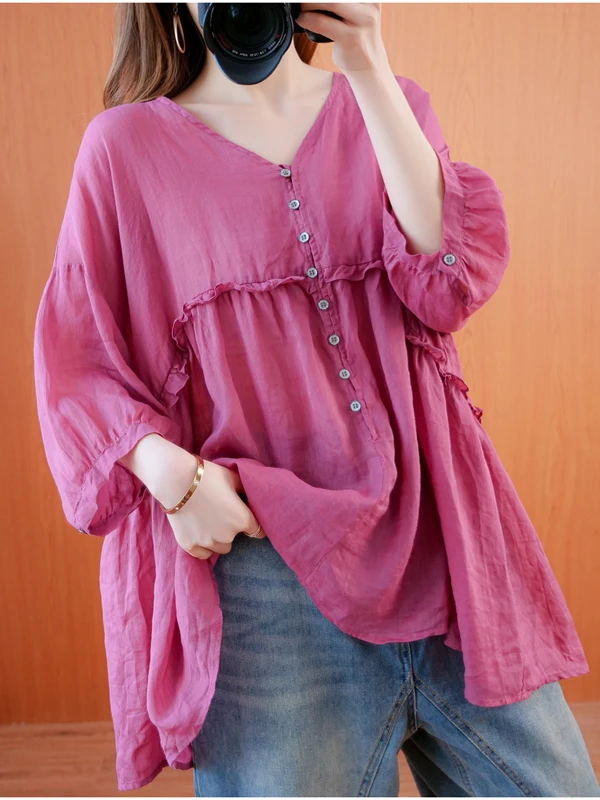 

Slimming Large Size Women's Cotton Linen V-ne irt Spring Summer Loose Faionable Doll Top for Plump Sister