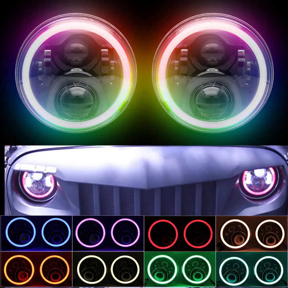 

2pc 7Inch LED Headlamps With RGB Multicolor Halo Ring For Lada Niva Urban 4x4 Suzuki Samurai Jeep Wrangler Headlight Assembly