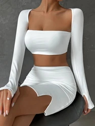 Fairyshely 2 PCS Sexy White Mini Dress Set 2025 Long Sleeve Top Summer Skirts Suits Bodycon Women Party Short Split Dress Suit