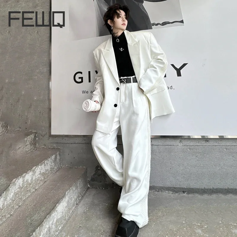 

FEWQ Men's Set Spring Solid Color Side Rivet Decorative Suit Casual Pants High Street Single Breast Casual Fashion 9C5055