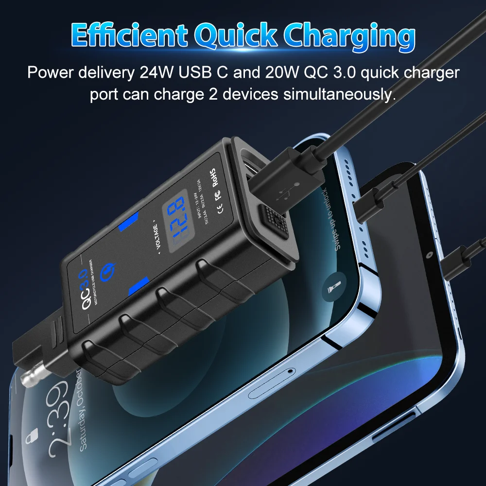 Extractme 오토바이 USB 충전기 방수 QC3.0 고속 충전 C타입 PD 12V 어댑터 소켓, 스위치 포함, 오토바이 액세서리, 6.4A