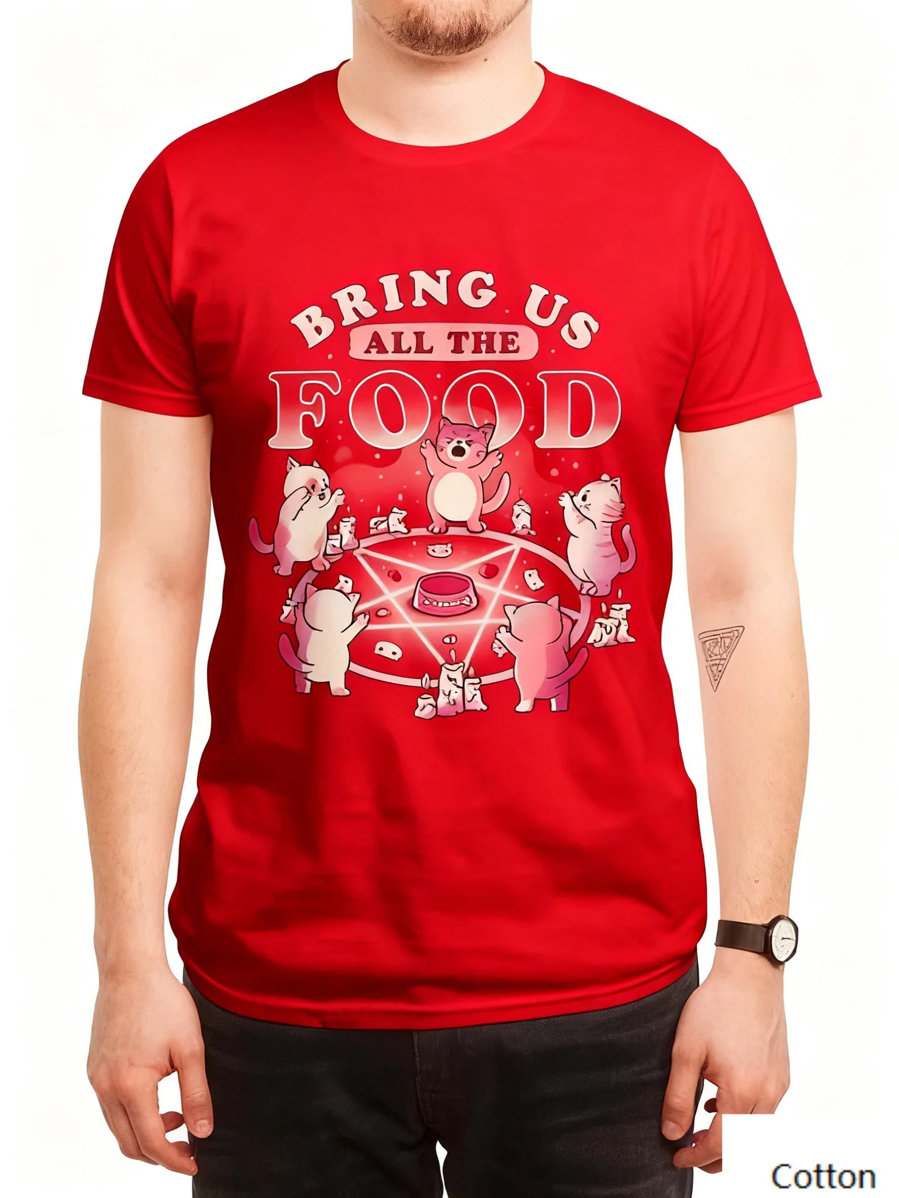 Хлопковая футболка с круглым вырезом Creative Cat «Humorous Food Ritual» с ярким дефектом кошек, пентаграмма