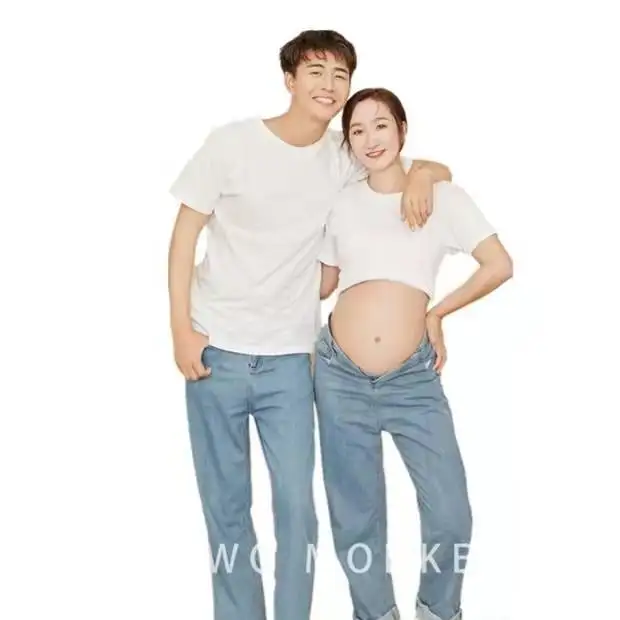 Mommy Daddy Matching Short Sleeve Pregnancy T-shirts and Jeans Pregnant Belly Couple Outfit Casual Suit Valentine Gift