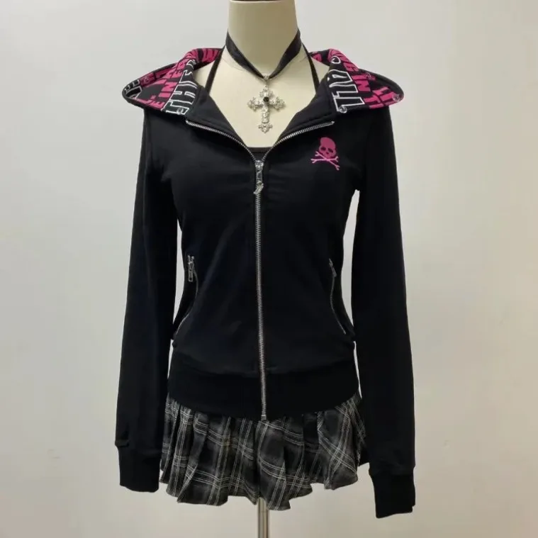 American Retro Black Letter Hooded Zipper Sweatshirt  Thicked Warm Coat Women Slim Fit Long Sleeve Autumn New Zipper Tops Mujer