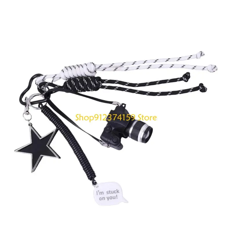 G5AE Trendy Camera Design Keychain Alloy Star Charm Hand Woven Nylon Rope Decoration Bag Pendant For Backpack Purse