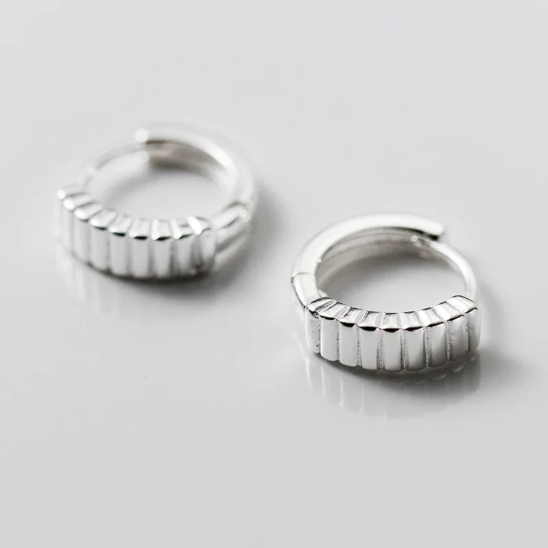 Real 925 Sterling Silver Circular Vertical Stripes Round Hoop Earrings for Women Classic Fine Jewelry Minimalist Accessories