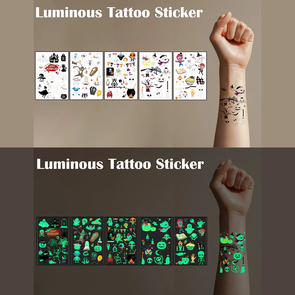 

Halloween glowing tattoo, terrifying glowing face, body grimace, full moon night stickers, 6 sheets, ghost spider web costumes,
