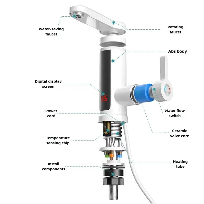Electric Water Heater 220V Kitchen Faucet Tankless Instant Heating Water Tap Flowing Heated Mixer Digital Display