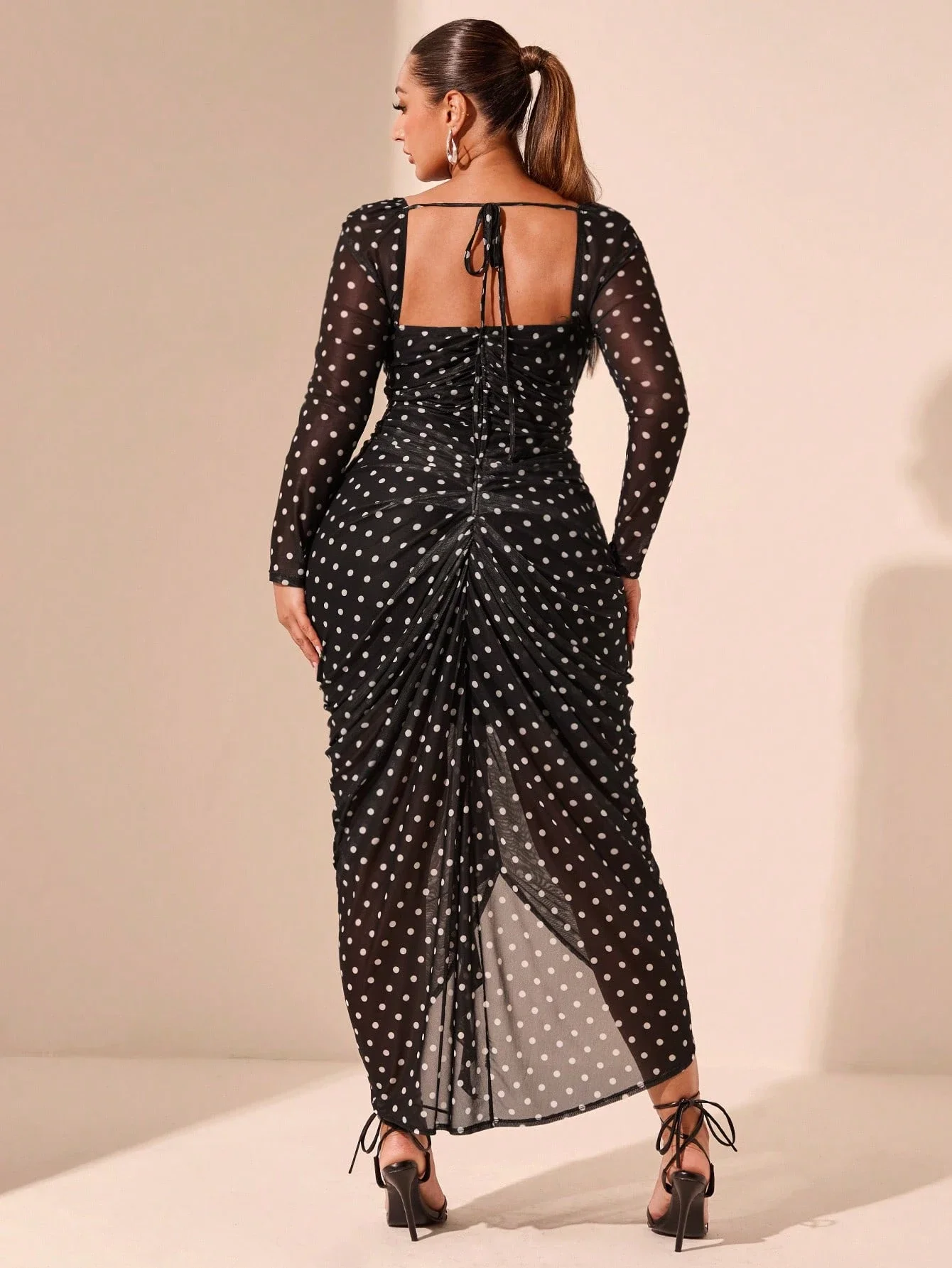 

Elegant Polka Dot Ruffle Long Sleeve Maxi Dress For Party Dating