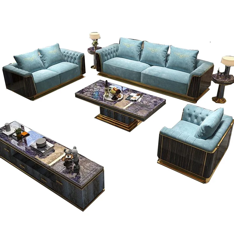 -For Luxury Living Room Sofa Set Light Gold Champagne Espresso High Gloss Baking Paint Solid Wood Base Genuine Silk Leather&