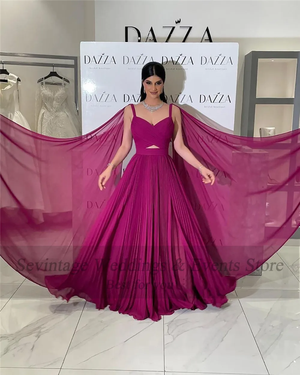 Sevintage A Line Chiffon Formal Evening Dresses Saudi  Arabic Long Cape Sleeves Spaghetti Strap Women Prom Gowns Party Dress