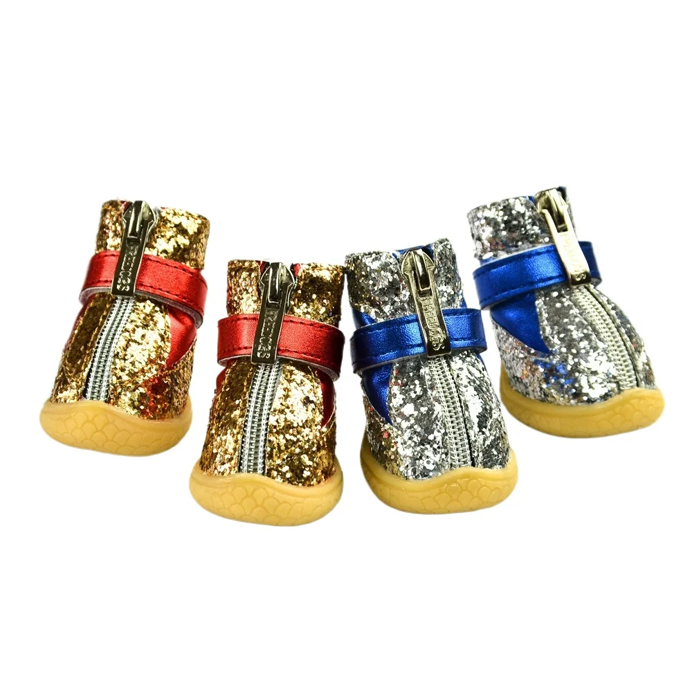 Winter Teddy Bears Dog Shoes with Sequin Decoration Fine Sand PU Leather Pet Shoes